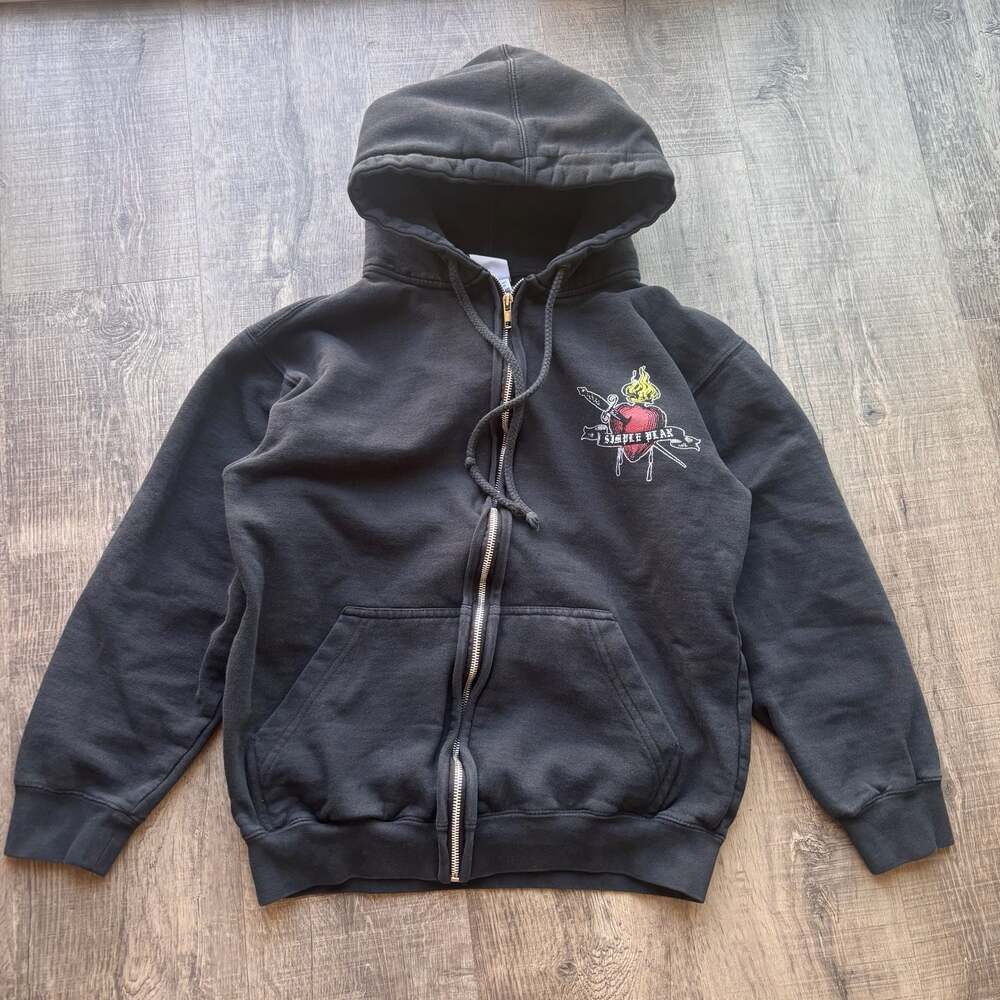 Vintage Simple Plan Band Zip-Up Hoodie Black Burning Heart Graphic Size Small
